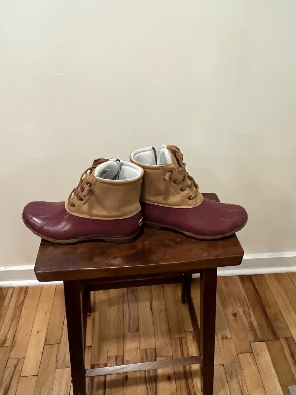 Sperry Maroon and Tan Two-Tone Duck Boots